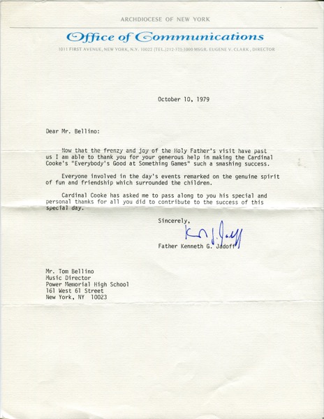 Archdiocese of New York Letter, 1979